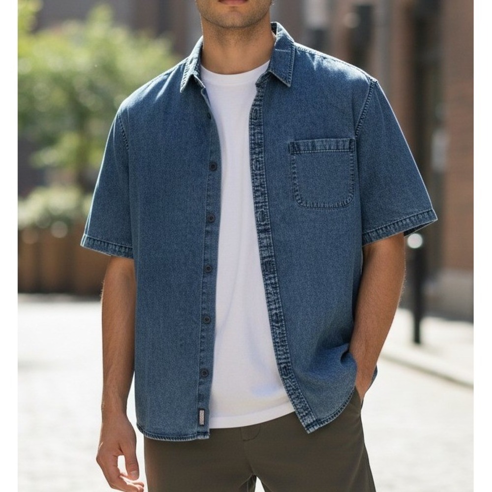 Quiksilver Men's Short Sleeve Denim Blue Chambray Button-Up Shirt Modern Fit XXL